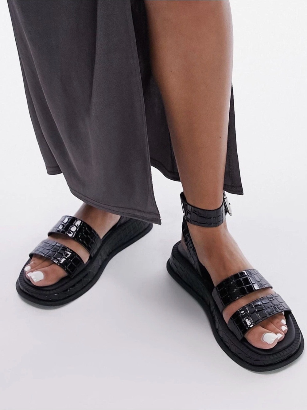 Black Croc-Embossed Platform Ankle-Strap Sandals